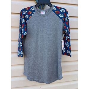 NWT LuLaRoe Randy Baseball Tee Shirt Small Gray Blue Geometric Raglan Sleeve Top